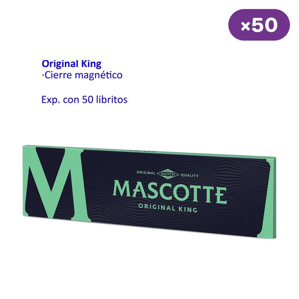 Librito de papel Mascotte Original King en verde y negro, con texto que indica cierre magnético y expositor de 50 libritos.