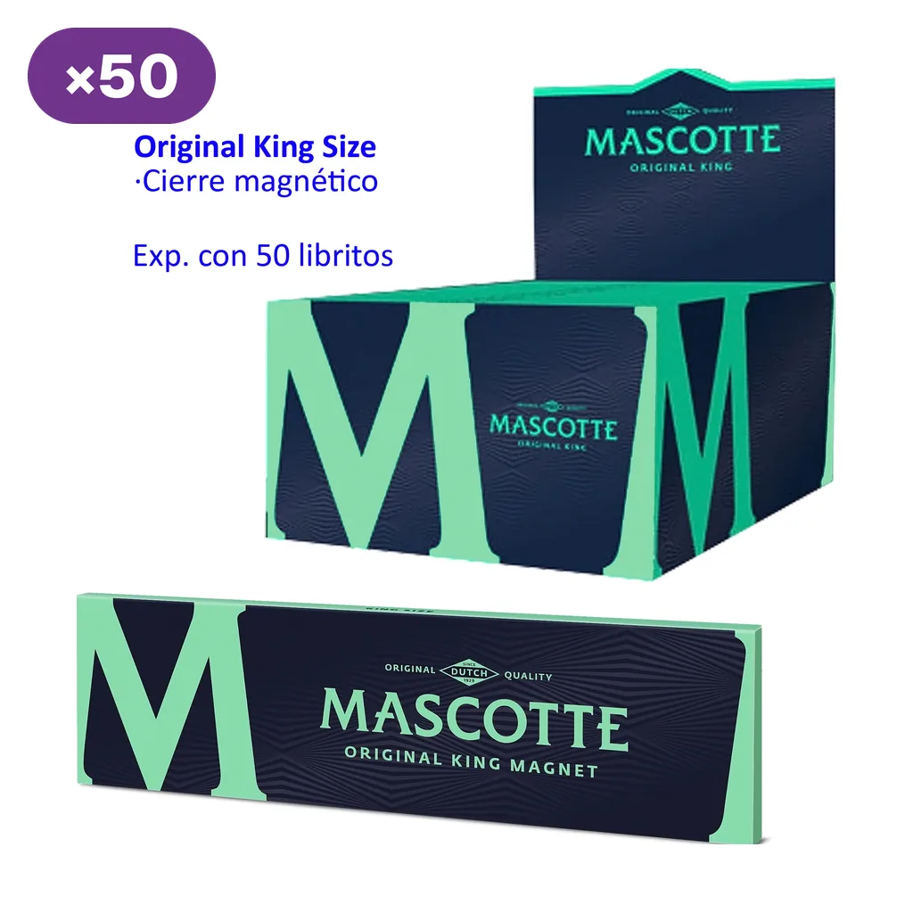 Expositor y librito Mascotte Original King Size en azul oscuro y verde, con texto que indica cierre magnético y caja de 50 libritos.