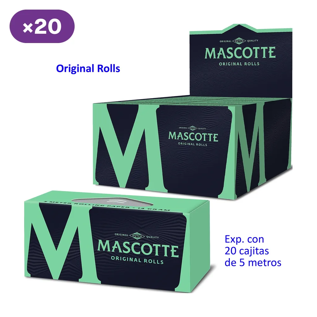Caja expositora y cajita de Mascotte Original Rolls en verde y negro, con texto que indica 20 cajitas de rollos de 5 metros.