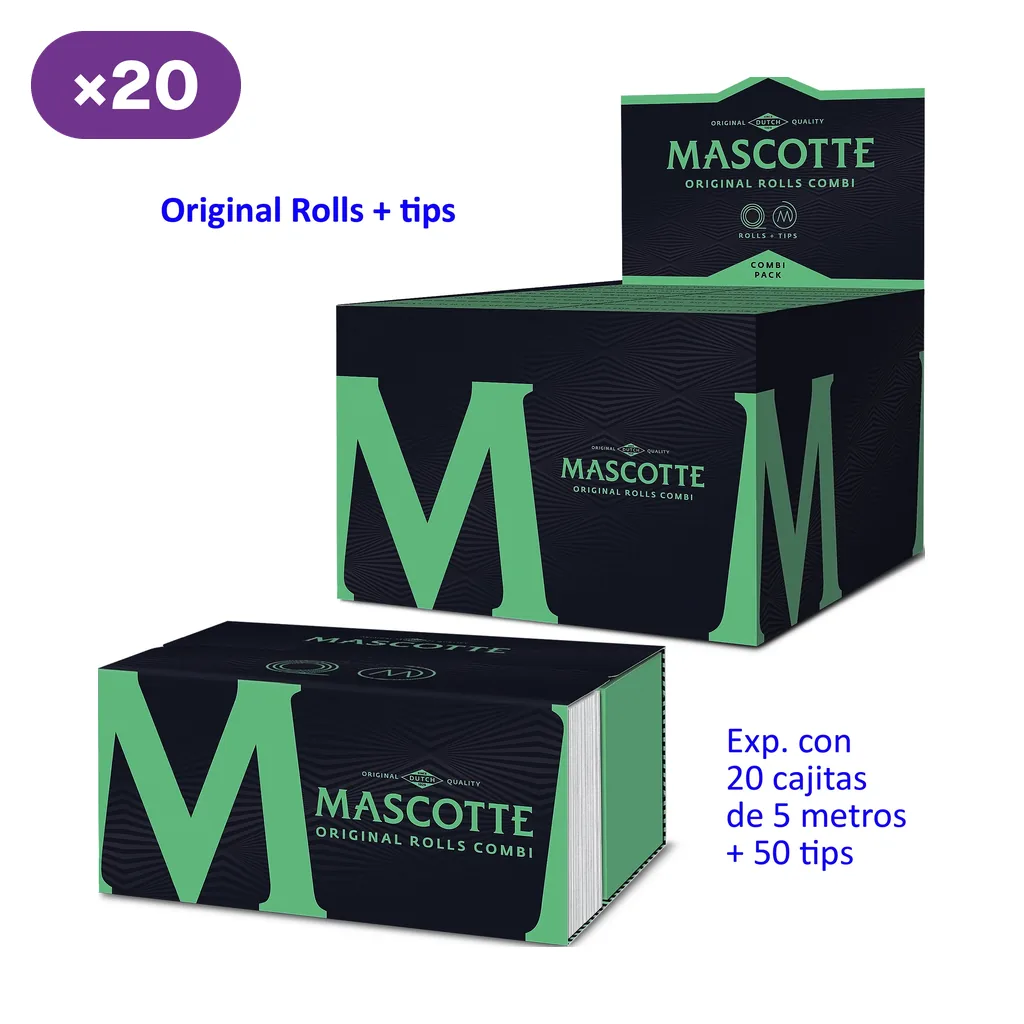 Expositor y cajita de Mascotte Original Rolls en negro y verde, con texto que indica 20 cajitas de papel de 5 metros y 50 tips.