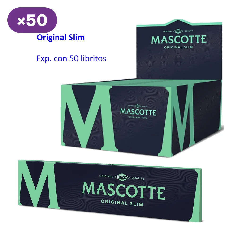 Expositor de papel de liar Mascotte Original Slim y un librito en primer plano, en verde y azul oscuro, con texto que indica 50 libritos.