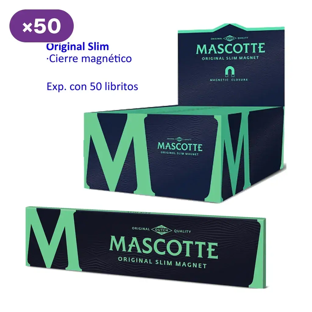 Expositor de papel Mascotte Original Slim Magnet y un librito delante, en verde y azul oscuro; texto de cierre magnético y 50 libritos.