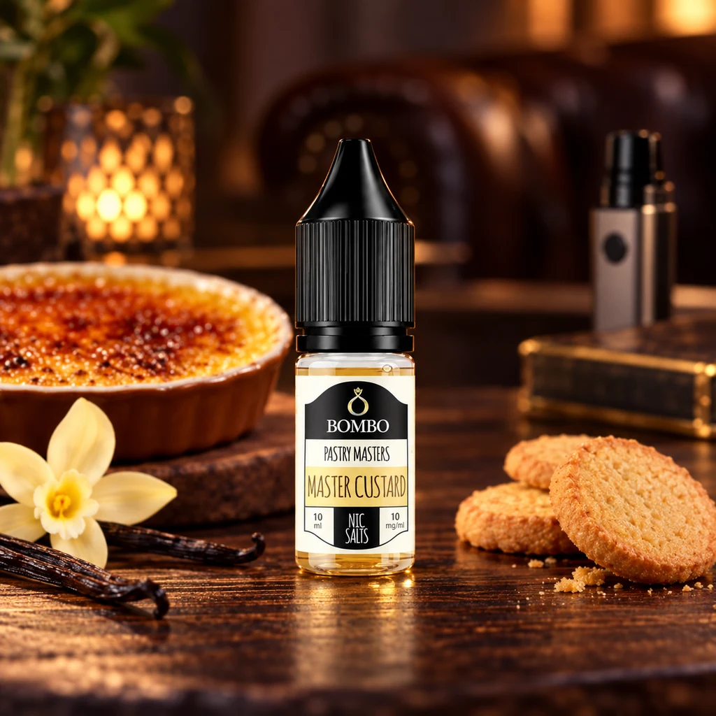Bote de Master Custard de Bombo sobre una mesa de madera, junto a galletas, vainas y flor de vainilla y un postre con superficie caramelizada.