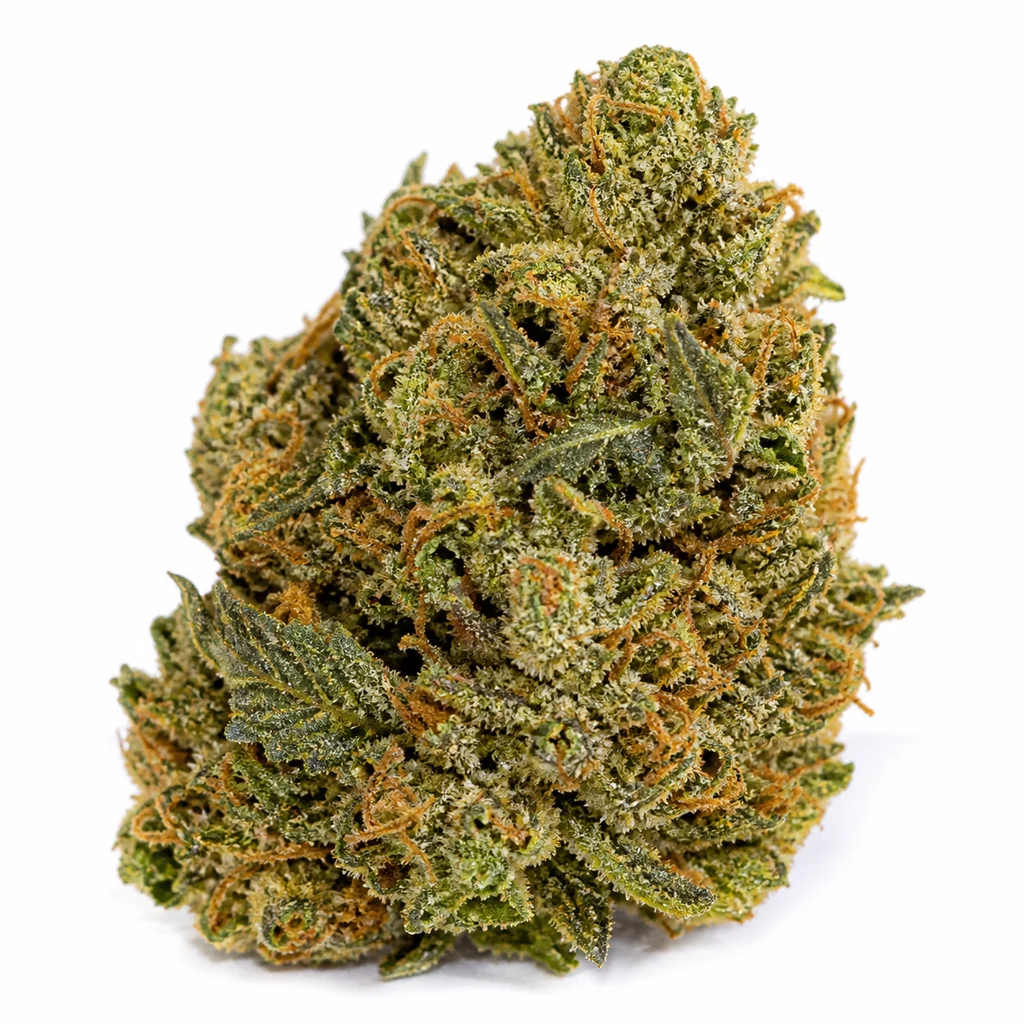 Ilustración de un cogollo verde con pistilos anaranjados y tricomas claros para la ficha de Master Kush Feminizada de Dutch Passion.