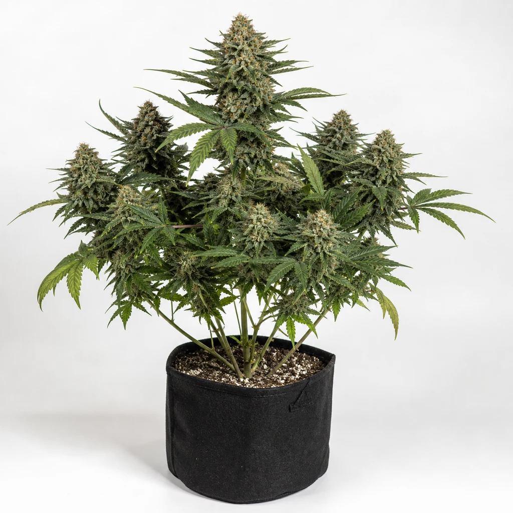 Ilustración de una planta ramificada en maceta negra, con una cola central alta, para la ficha de Master Kush Feminizada.