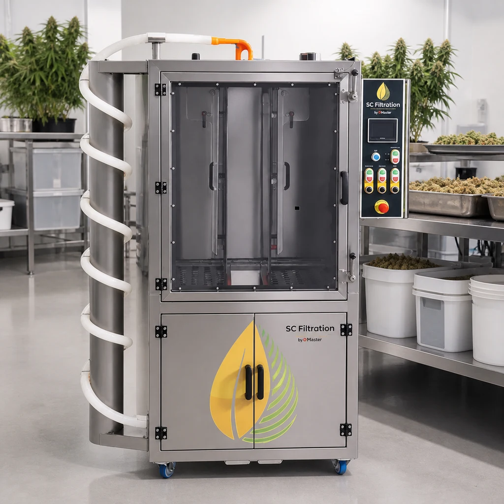 Máquina con puertas transparentes, panel de control lateral y tubo blanco en espiral, en una sala con plantas y bandejas de material vegetal.