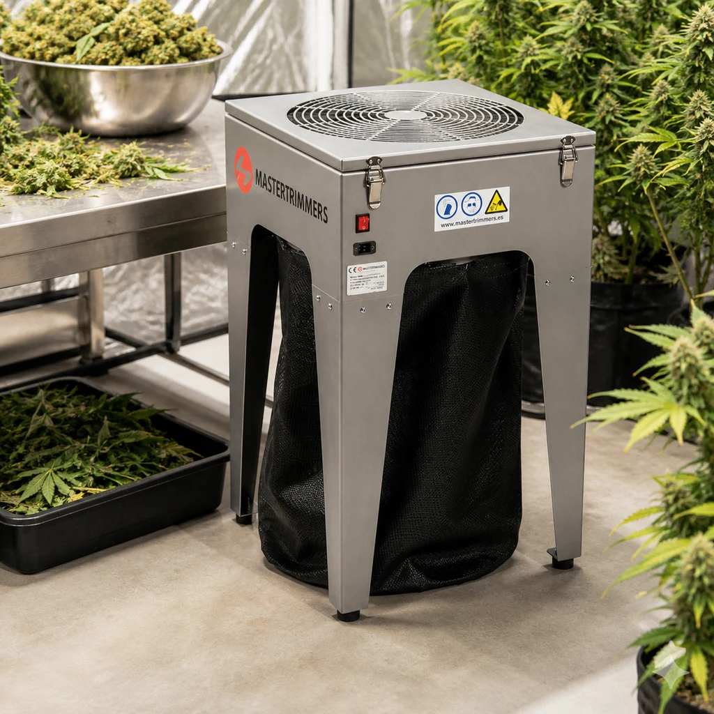 Escena generada de una Master Trimmer Standard con rejilla superior y bolsa negra, junto a una mesa con cogollos y plantas de cannabis.