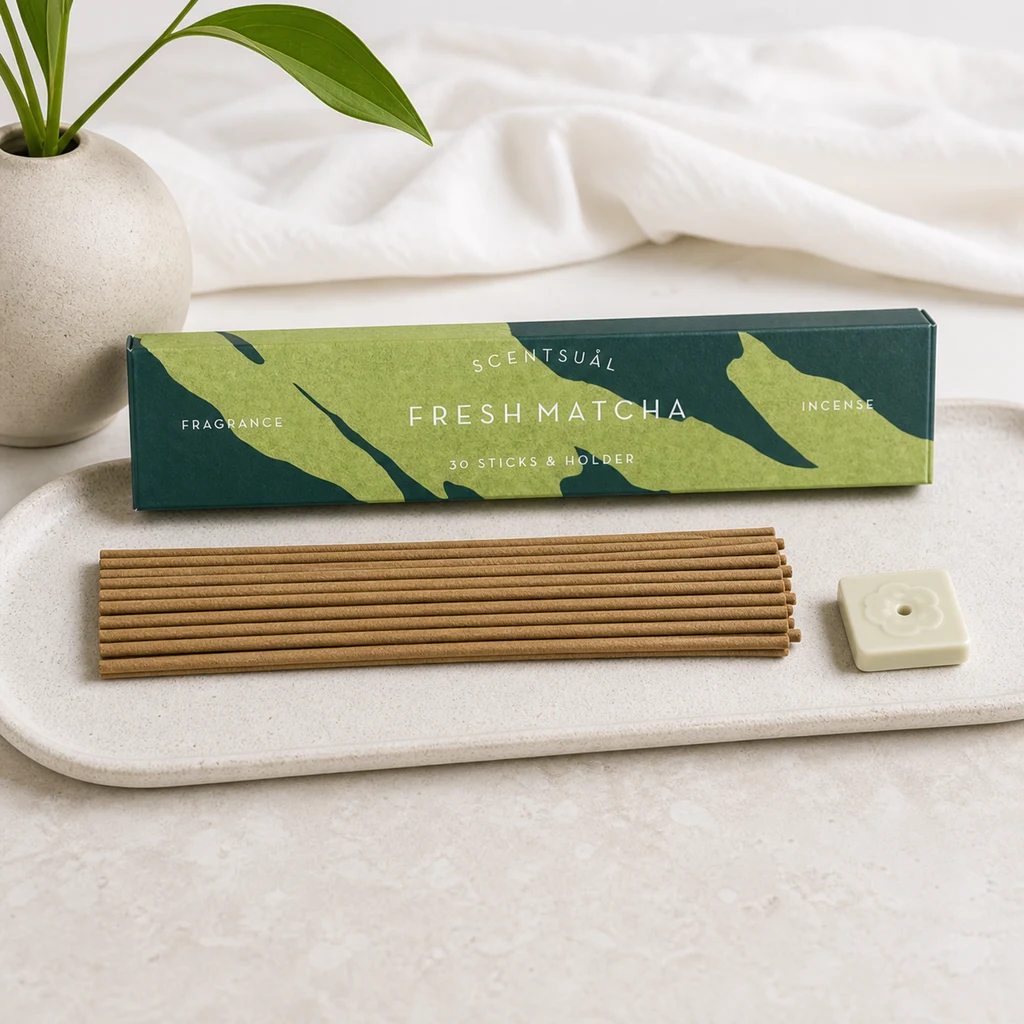 Varillas de incienso alineadas sobre una bandeja clara, junto a un soporte cuadrado y una caja verde Scentsual Fresh Matcha.