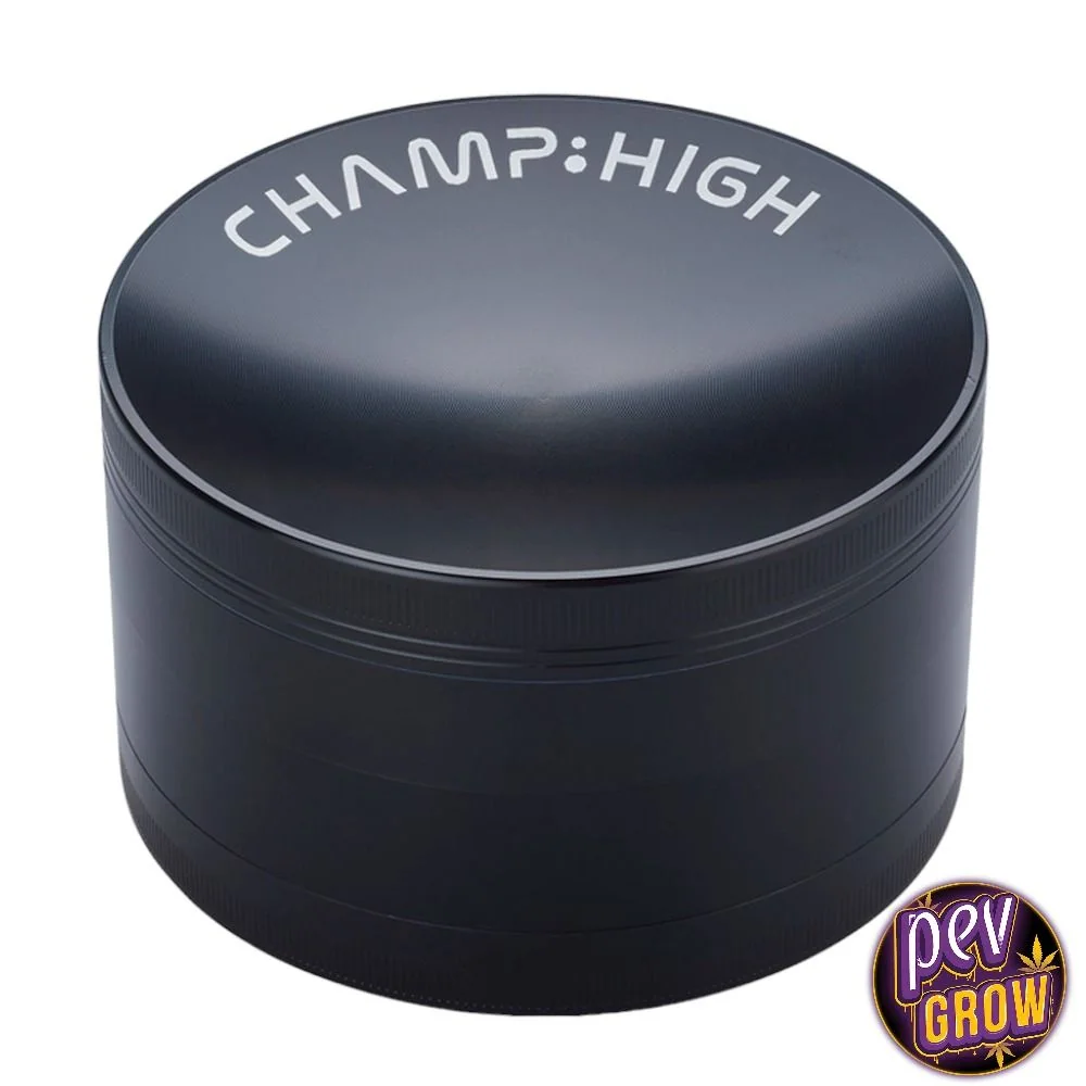 Grinder Maxi XXL negro, cilíndrico y cerrado, con bordes estriados y la inscripción CHAMP HIGH sobre la tapa.