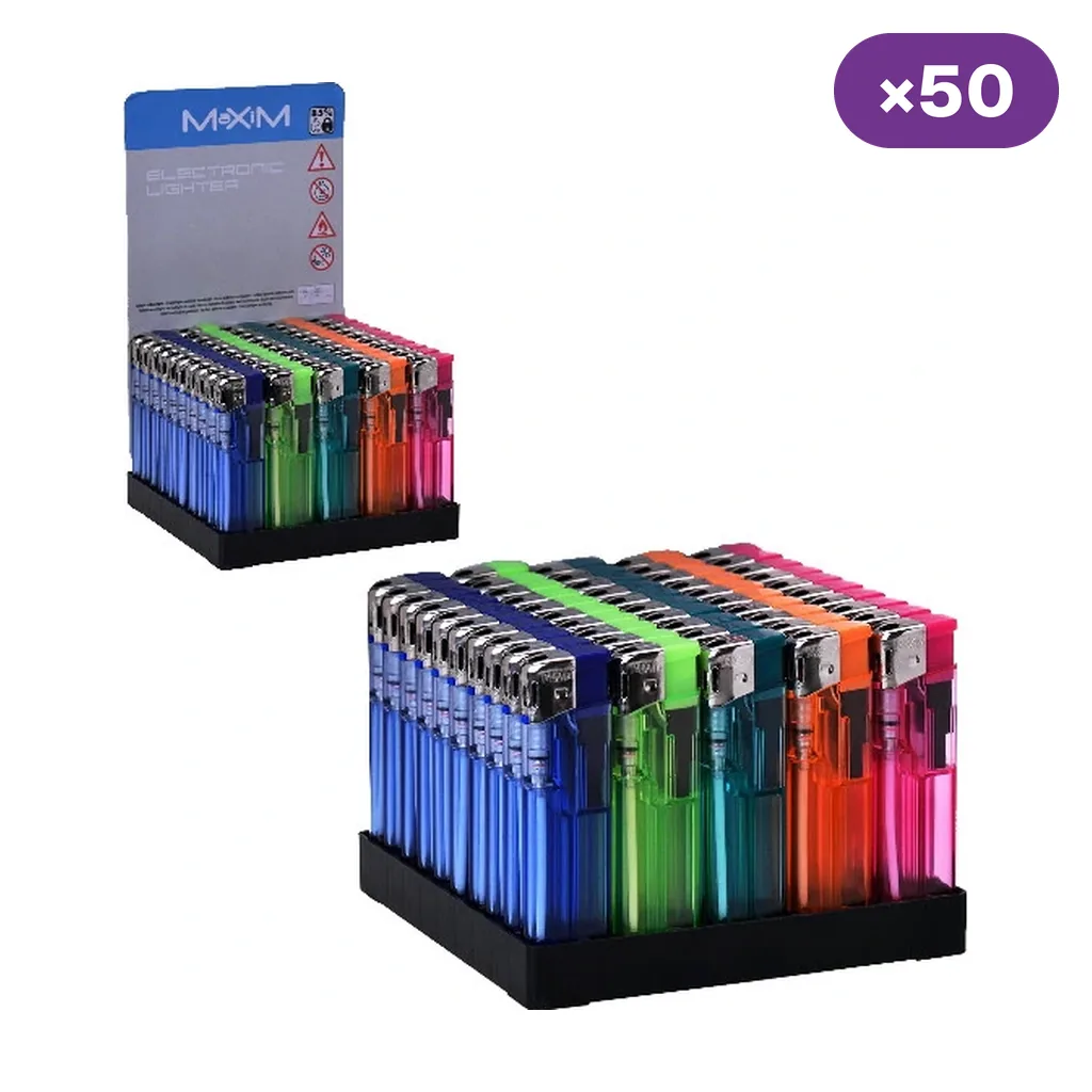 Expositor de 50 encendedores Maxim transparentes, dispuestos en filas de colores azul, verde, turquesa, naranja y rosa.