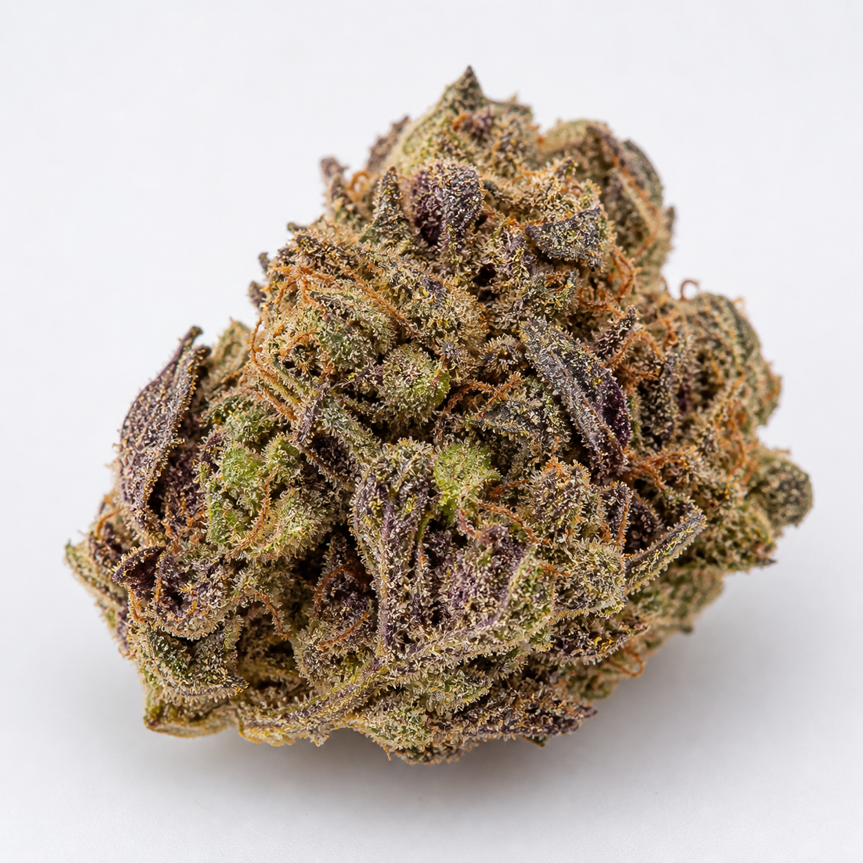 Cogollo de Mazar Extra Auto de Bulk Seeds en primer plano, con hojas verdes y moradas, pistilos anaranjados y superficie cristalina.