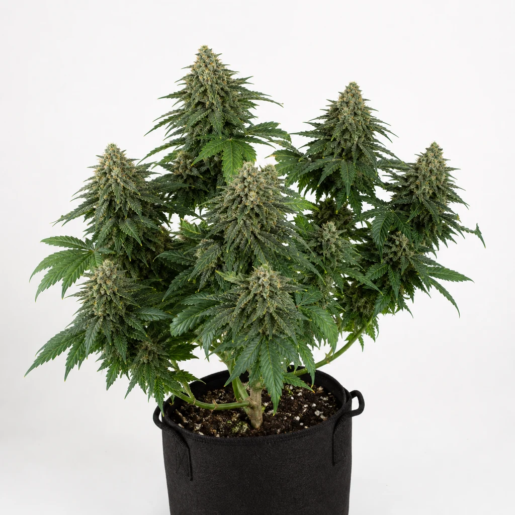 Ilustración de una planta de cannabis compacta con abundantes flores y hojas verdes en maceta negra, para la ficha de Mazar Feminizada.
