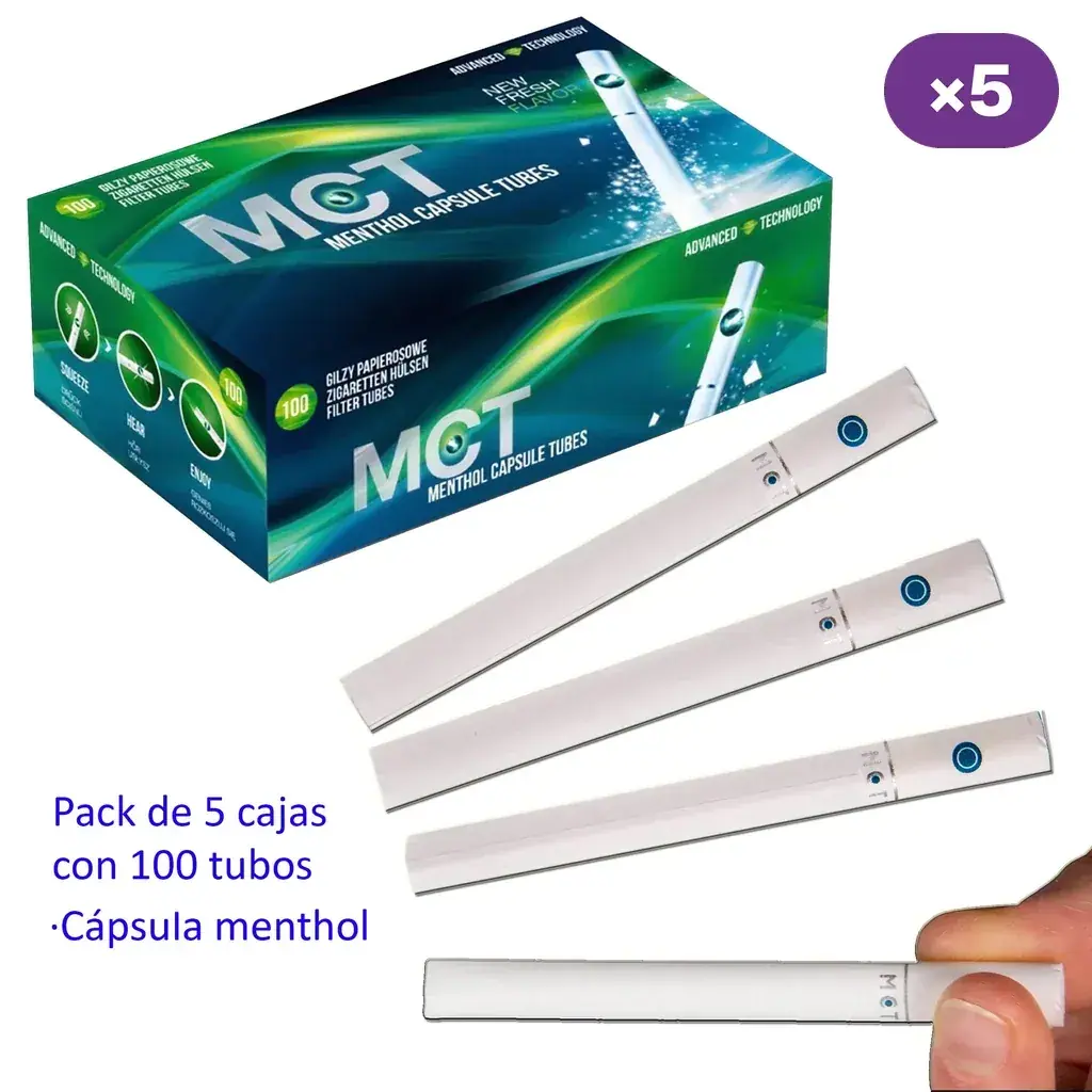 Caja MCT y varios tubos blancos con cápsula de mentol; el texto indica un pack de 5 cajas con 100 tubos y una mano sostiene un tubo.