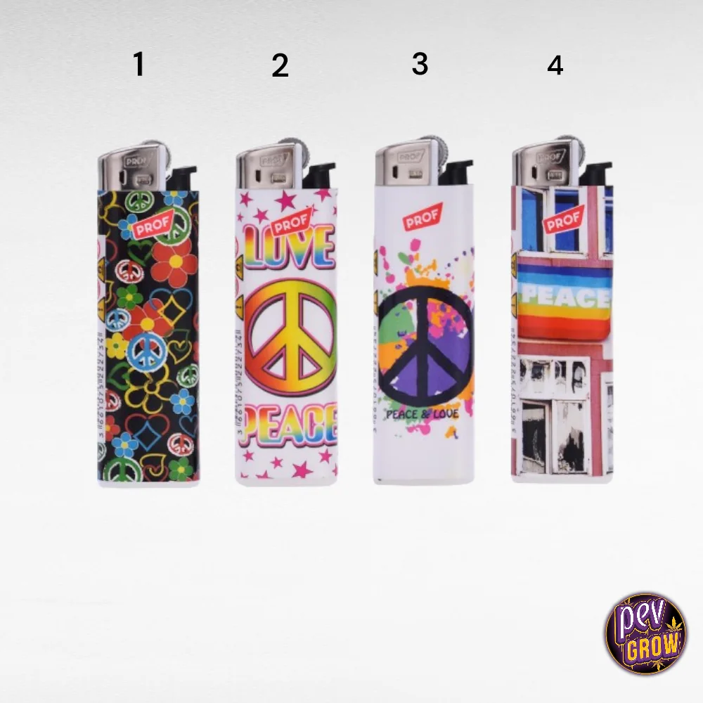 Selección de encendedores con flores, símbolos de la paz y textos multicolor, presentados sobre fondo blanco y numerados del 1 al 4.