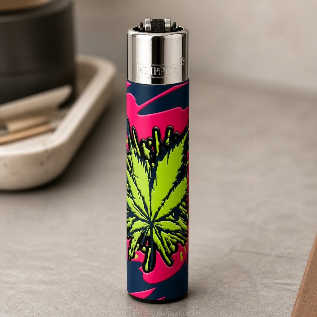 Mechero Clipper de pie sobre una encimera, con cabezal plateado y funda azul oscuro y rosa con una hoja de cannabis verde.
