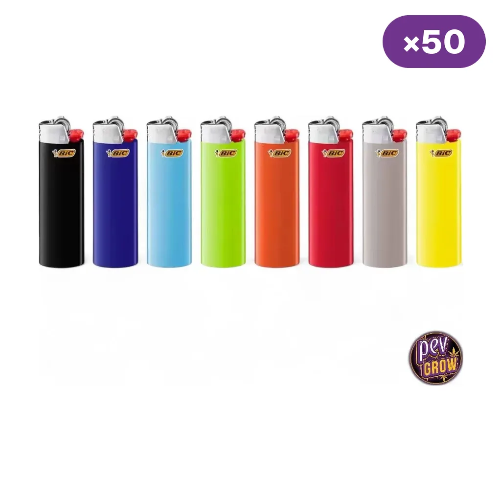 Selección de encendedores BIC J25 Mini en colores lisos surtidos, alineados sobre fondo blanco, con distintivo de 50 unidades.