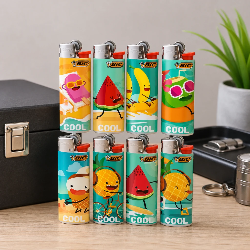 Ocho encendedores BIC con dibujos de frutas y helados y texto COOL, dispuestos en dos filas sobre una mesa junto a estuches y una planta. Ocho encendedores BIC con dibujos de frutas y helados y texto COOL, dispuestos en dos filas sobre una mesa junto a estuches y una planta.