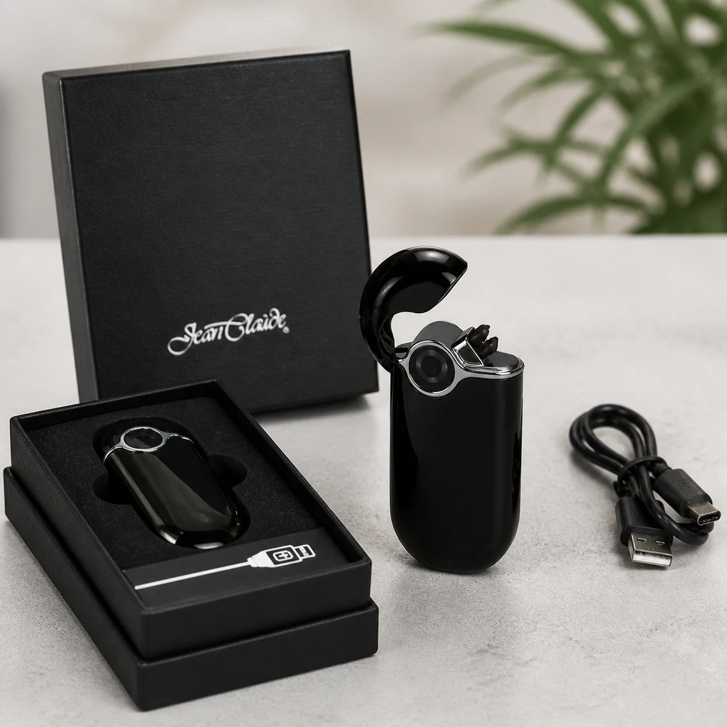 Encendedor Jean Claude Omega negro con tapa abierta, junto a otro cerrado en su caja de presentación y un cable USB. Encendedor Jean Claude Omega negro con tapa abierta, junto a otro cerrado en su caja de presentación y un cable USB.