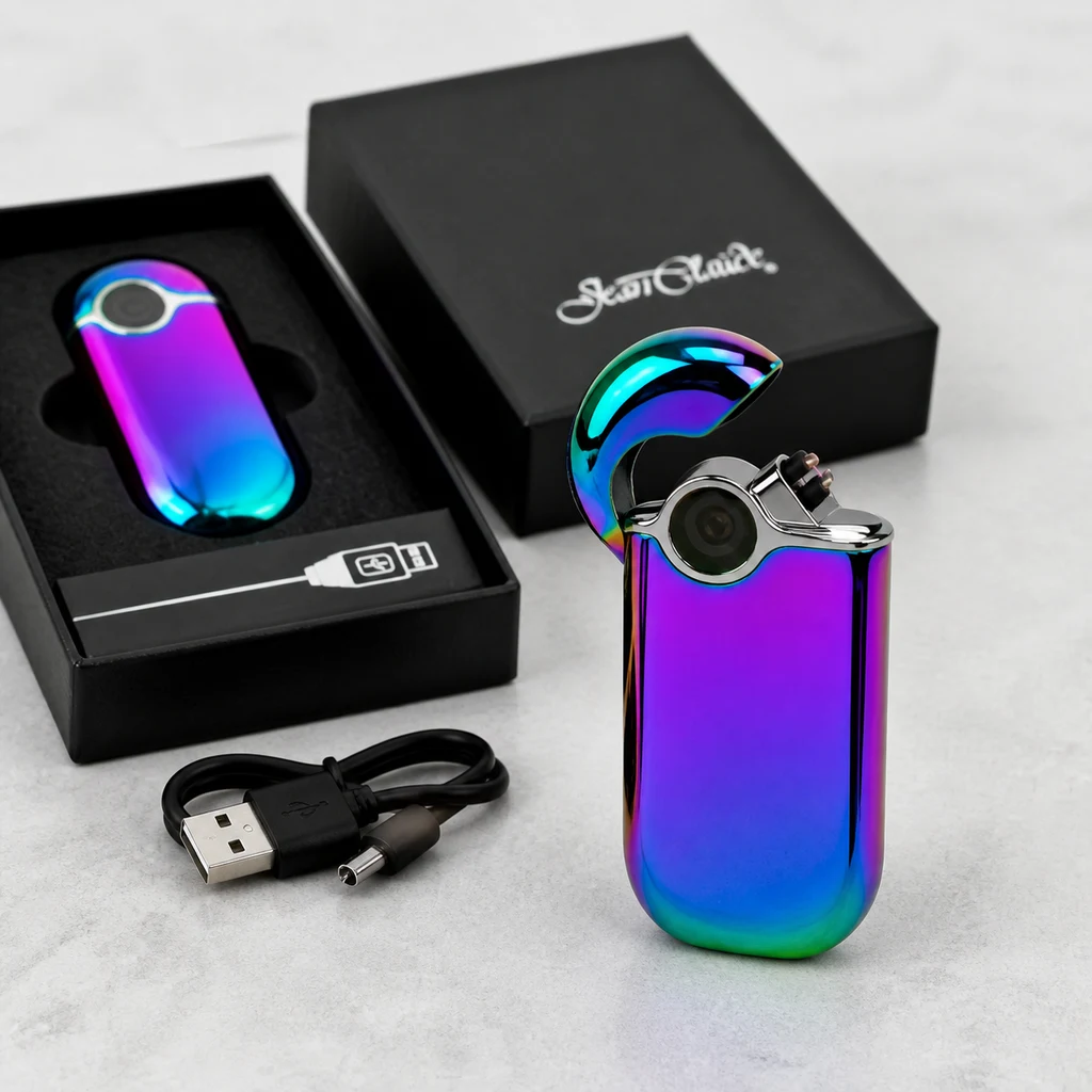 Encendedor JEAN CLAUDE Omega Rainbow abierto, con acabado multicolor brillante, junto a un cable USB y una caja con otro encendedor cerrado. Encendedor JEAN CLAUDE Omega Rainbow abierto, con acabado multicolor brillante, junto a un cable USB y una caja con otro encendedor cerrado.