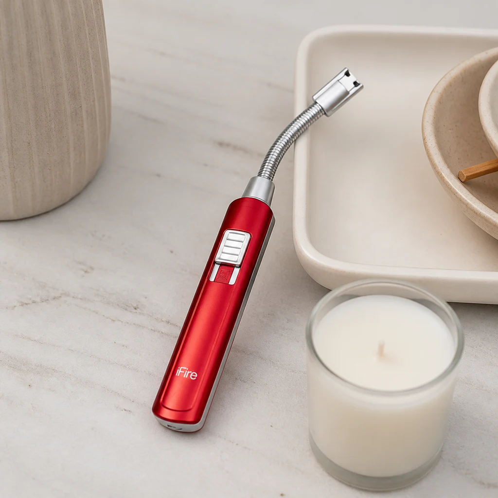 Mechero Ifire Red Long rojo con cuello flexible plateado, colocado en diagonal junto a una vela apagada y una bandeja sobre una superficie clara.