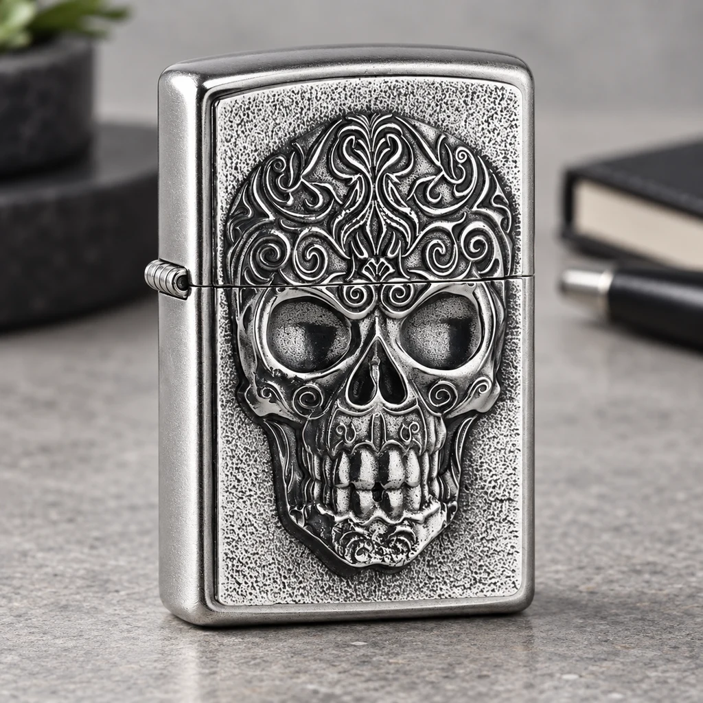 Mechero Zippo The Skull plateado y cerrado, con una calavera ornamental en relieve, sobre una superficie gris.
