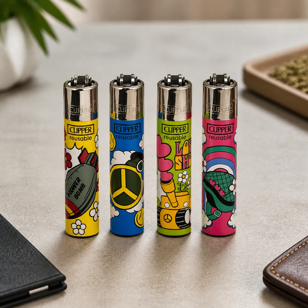 Varios modelos de mini encendedor Clipper HIPPIE ARMY en amarillo, azul, verde y rosa, con dibujos de flores y símbolos de paz sobre una mesa. Varios modelos de mini encendedor Clipper HIPPIE ARMY en amarillo, azul, verde y rosa, con dibujos de flores y símbolos de paz sobre una mesa.