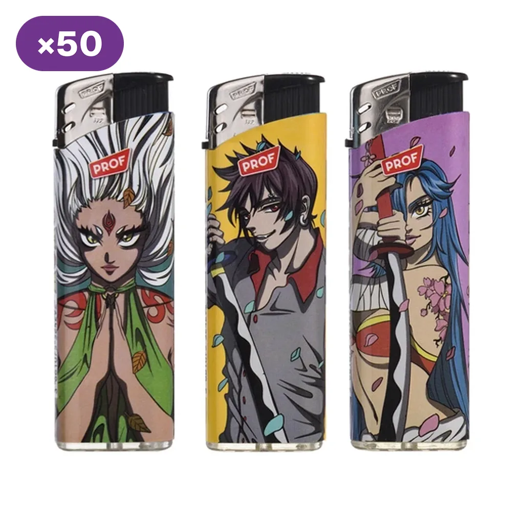 Selección de mecheros PROF Ninja con ilustraciones de personajes sobre fondos blanco, amarillo y morado; distintivo de 50 unidades.