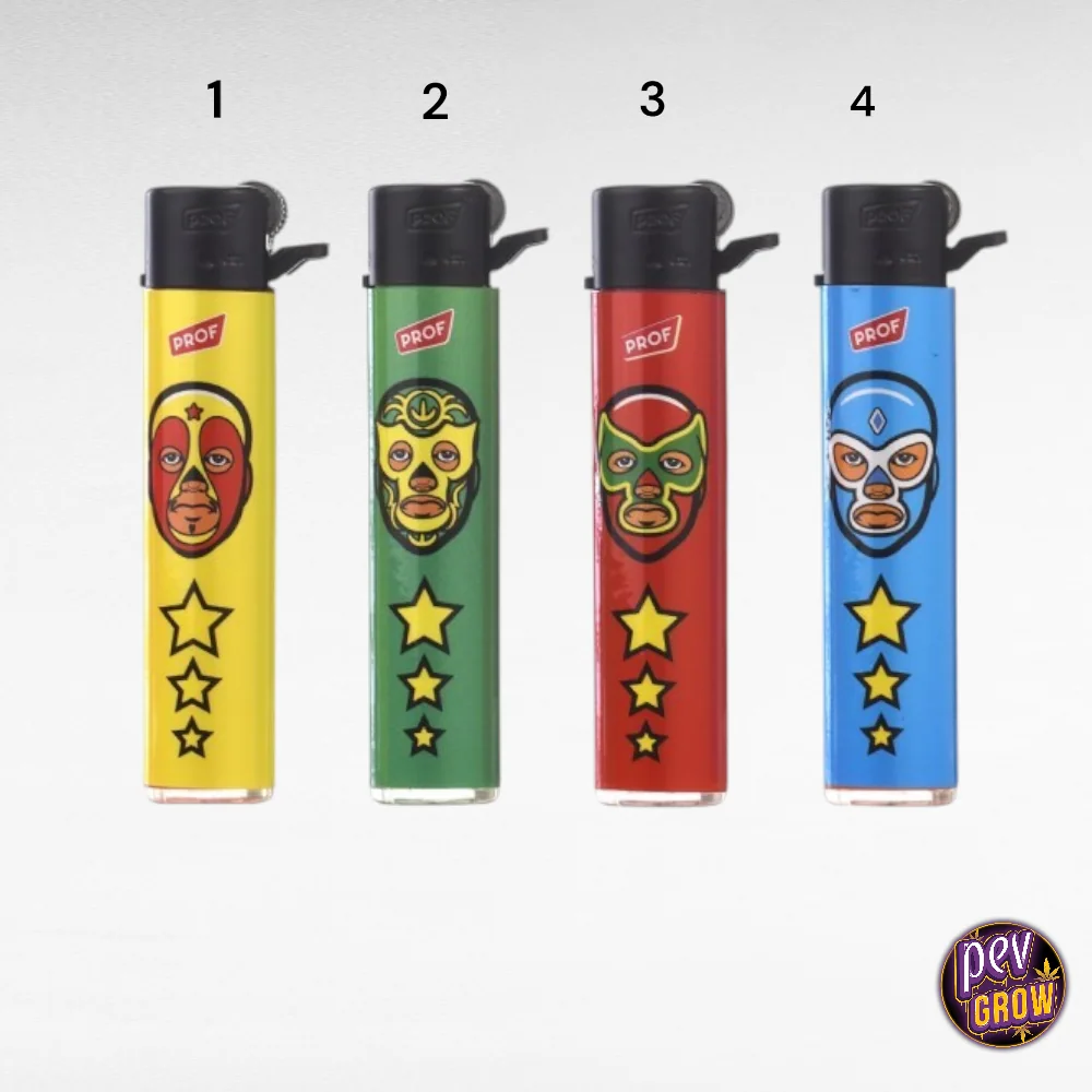 Selección de mecheros PROF en amarillo, verde, rojo y azul, numerados y decorados con máscaras de luchadores y estrellas.