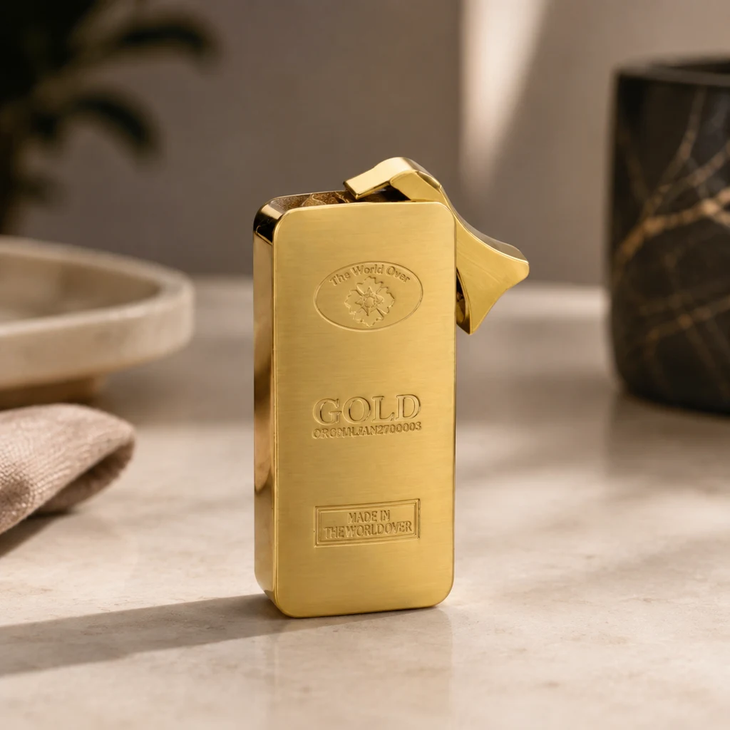 Encendedor V-Fire Gold Bar dorado, de cuerpo rectangular con inscripción GOLD, colocado de pie sobre una encimera.