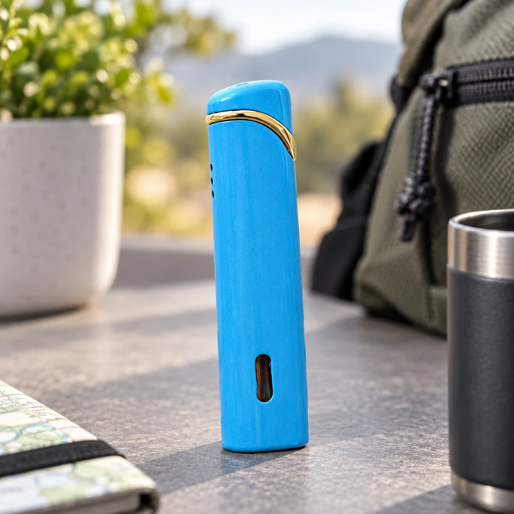Mechero Blue TG azul con detalle dorado y ventanilla inferior, de pie sobre una mesa junto a una mochila y un vaso térmico.