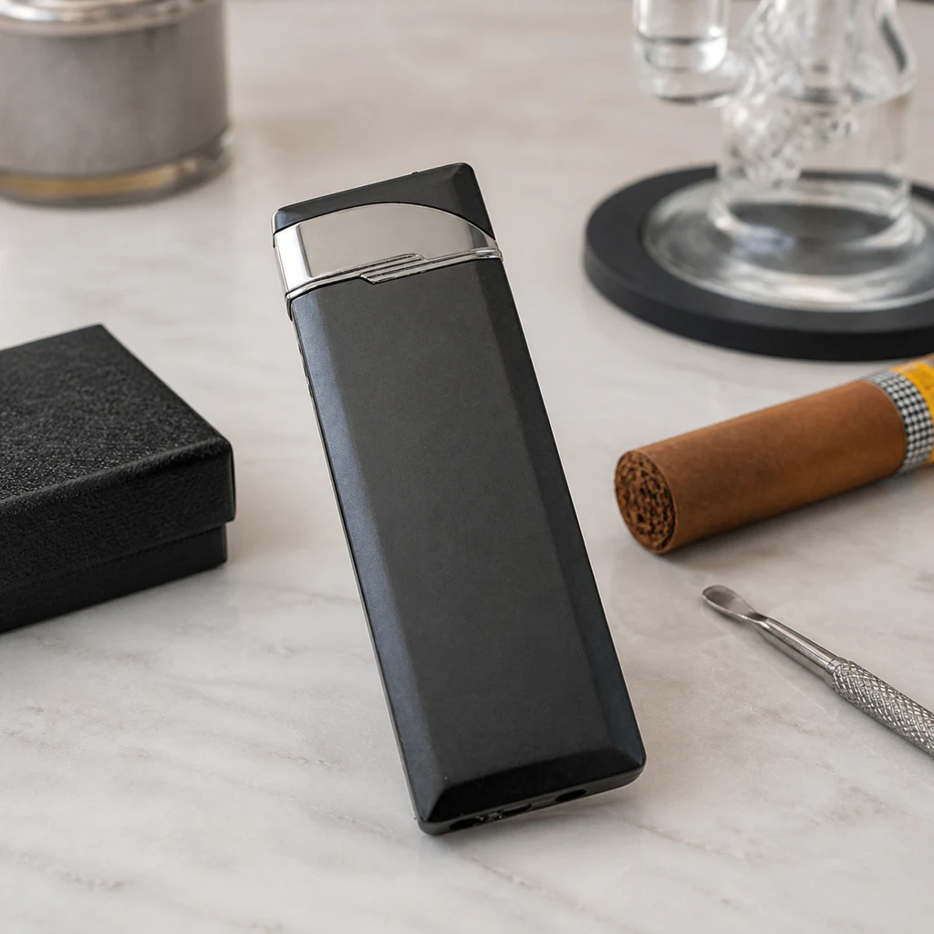 Mechero Turbo Gun Metal gris oscuro con tapa plateada, en primer plano sobre una mesa junto a un puro y una caja negra.