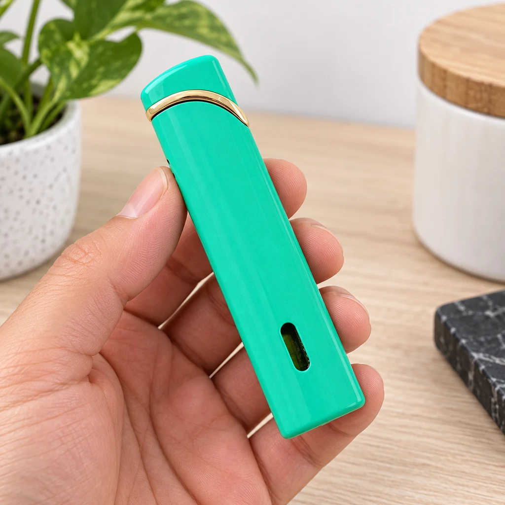 Una mano sostiene un mechero Turbo verde de cuerpo alargado, con detalle dorado junto a la tapa y una pequeña ventana en el frontal.