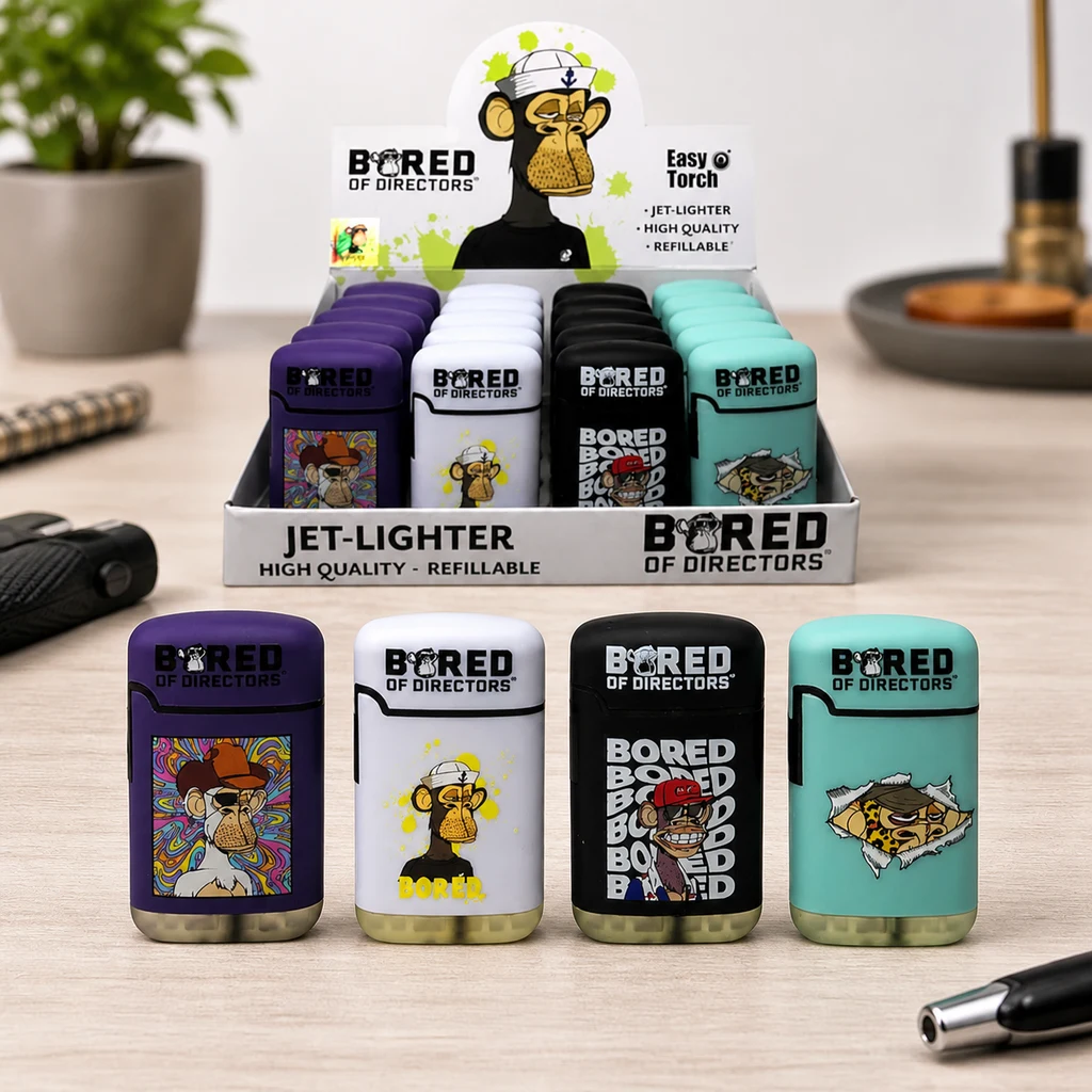 Selección de encendedores Easy Torch en morado, blanco, negro y turquesa, con dibujos de simios y un expositor detrás.