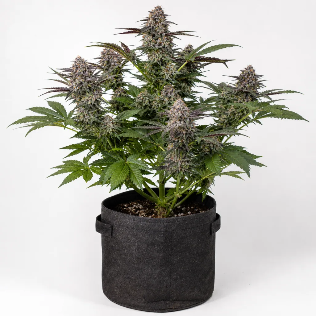 Planta de Medical 49 CBD+ en floración, con cogollos de tonos verdes y morados, en maceta negra con asas sobre fondo blanco.