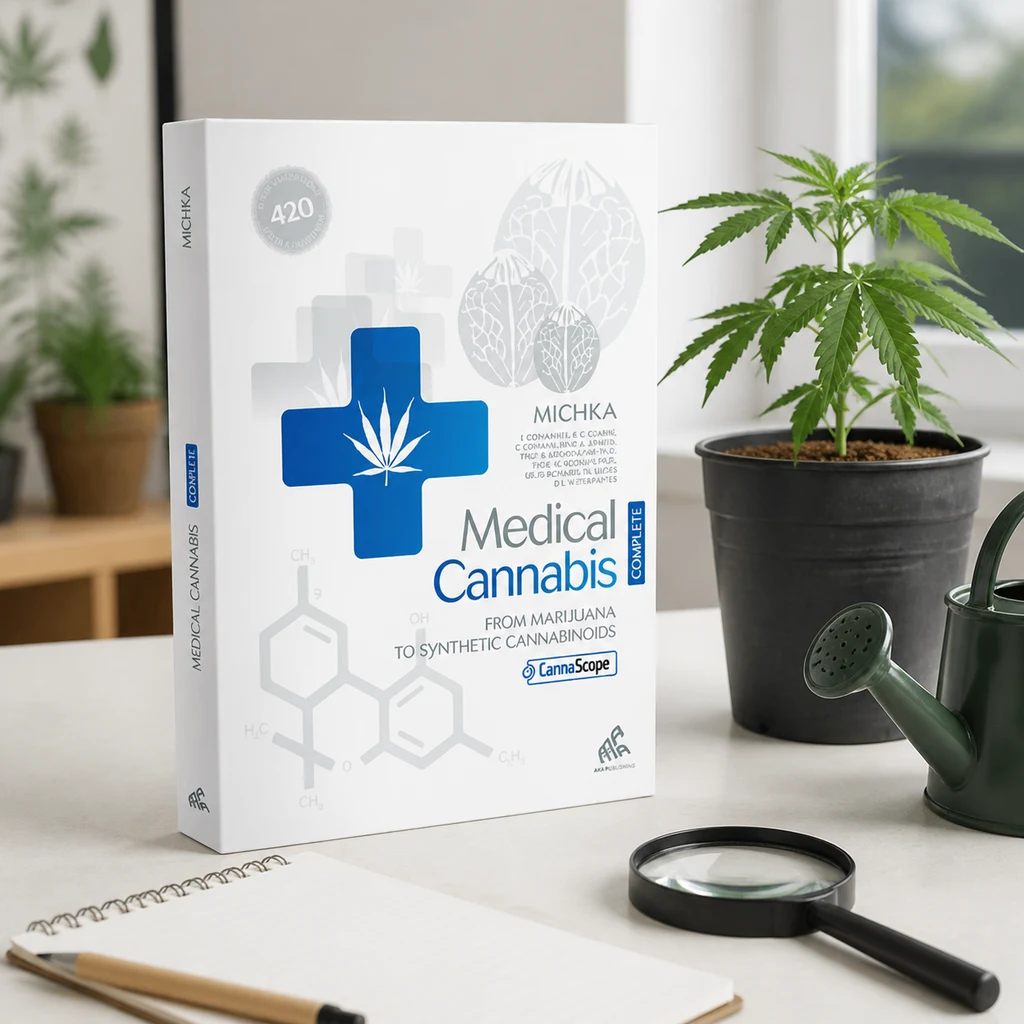 Libro Medical Cannabis de Michka con una cruz azul en la portada, sobre una mesa junto a una planta de cannabis, lupa y cuaderno. Libro Medical Cannabis de Michka con una cruz azul en la portada, sobre una mesa junto a una planta de cannabis, lupa y cuaderno.
