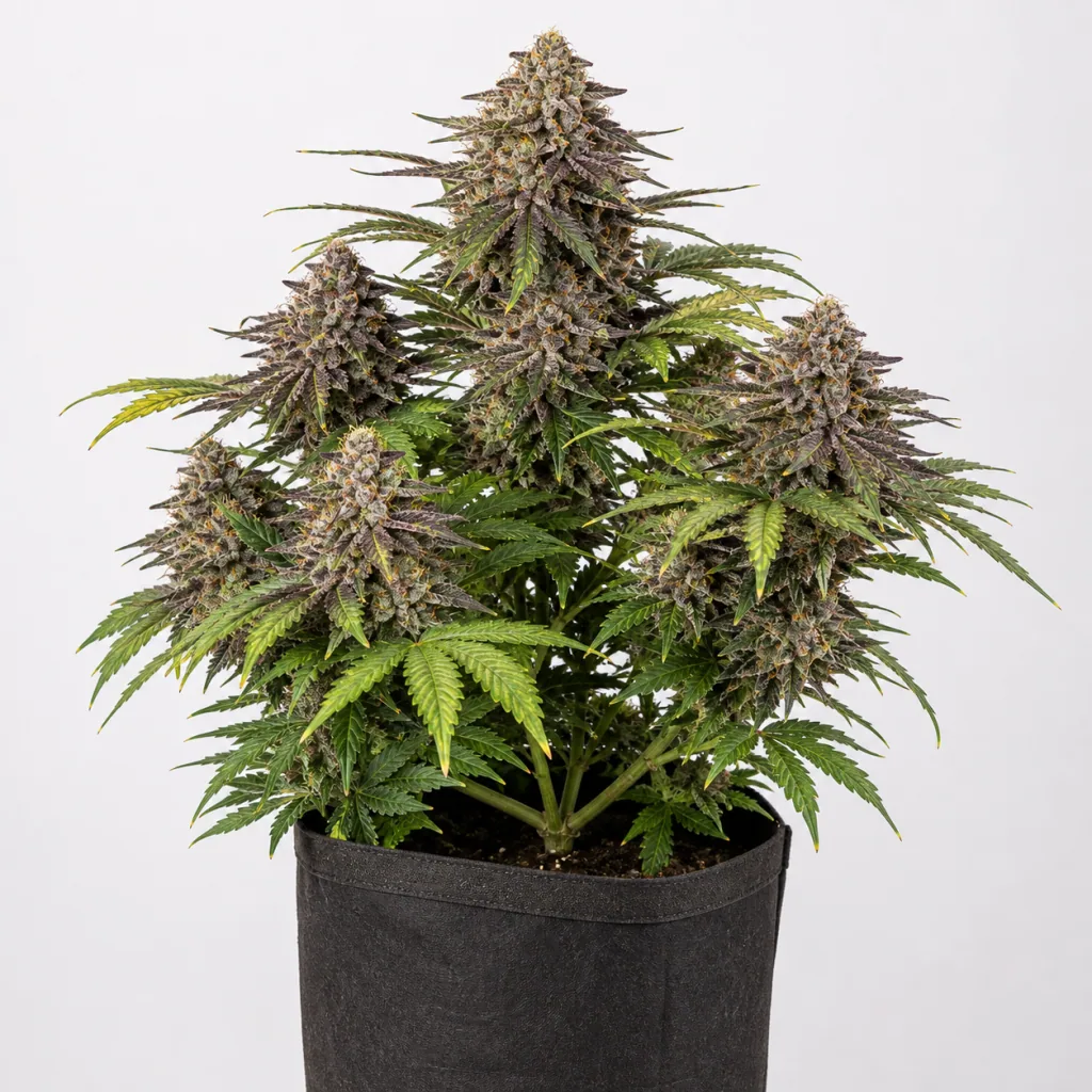 Planta de Medical Mass Feminizada en maceta negra, con cogollos de tonos violáceos y hojas verdes y amarillentas sobre fondo claro.