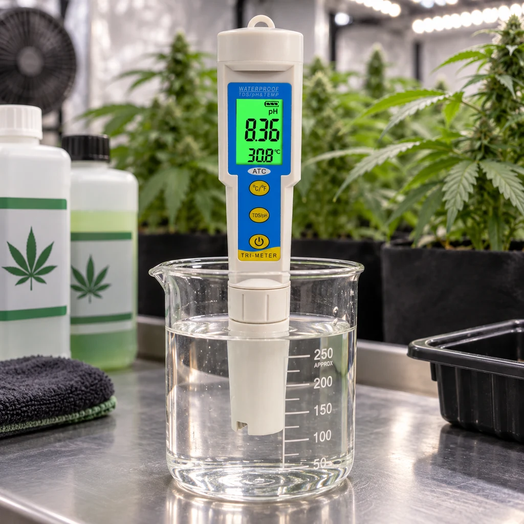 Medidor de pH, TDS y temperatura sumergido en un vaso, con lecturas de pH 8,36 y 30,8 °C, ante plantas de cannabis.