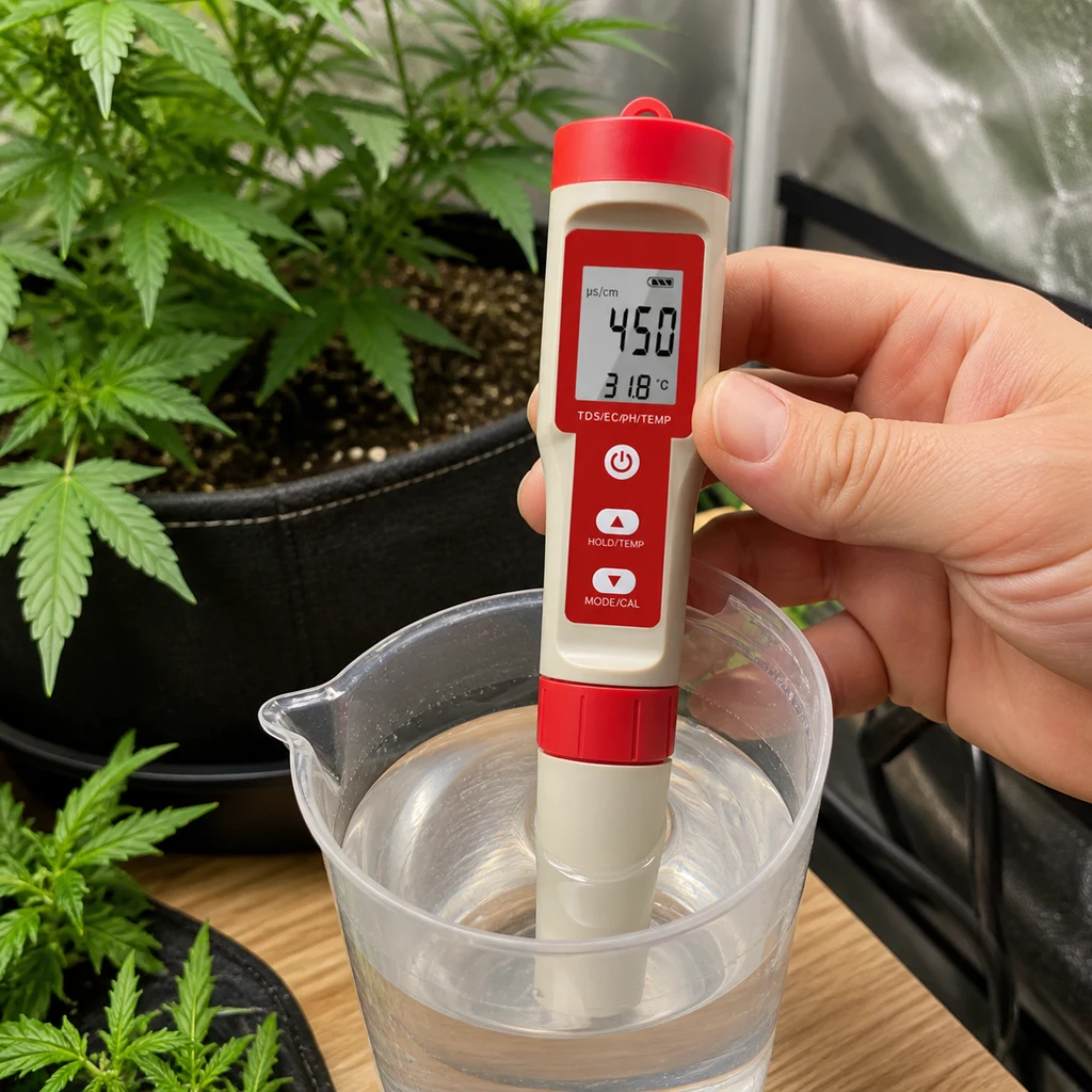 Una mano sostiene un medidor digital rojo y blanco sumergido en una jarra de agua; la pantalla indica 450 µS/cm y 31,8 °C, con plantas al fondo. Una mano sostiene un medidor digital rojo y blanco sumergido en una jarra de agua; la pantalla indica 450 µS/cm y 31,8 °C, con plantas al fondo.