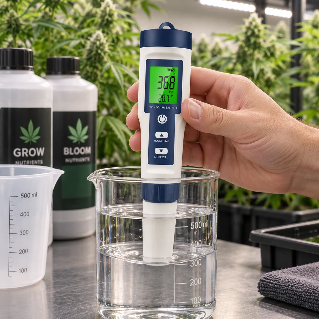 Una mano sostiene el medidor 5 en 1 de pH con pantalla verde y la sonda sumergida en un vaso, junto a botellas de nutrientes.