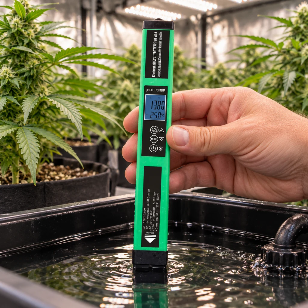 Una mano sostiene el medidor verde Easy Garden BT700 con el extremo sumergido en un depósito, entre plantas bajo luces de cultivo. Una mano sostiene el medidor verde Easy Garden BT700 con el extremo sumergido en un depósito, entre plantas bajo luces de cultivo.