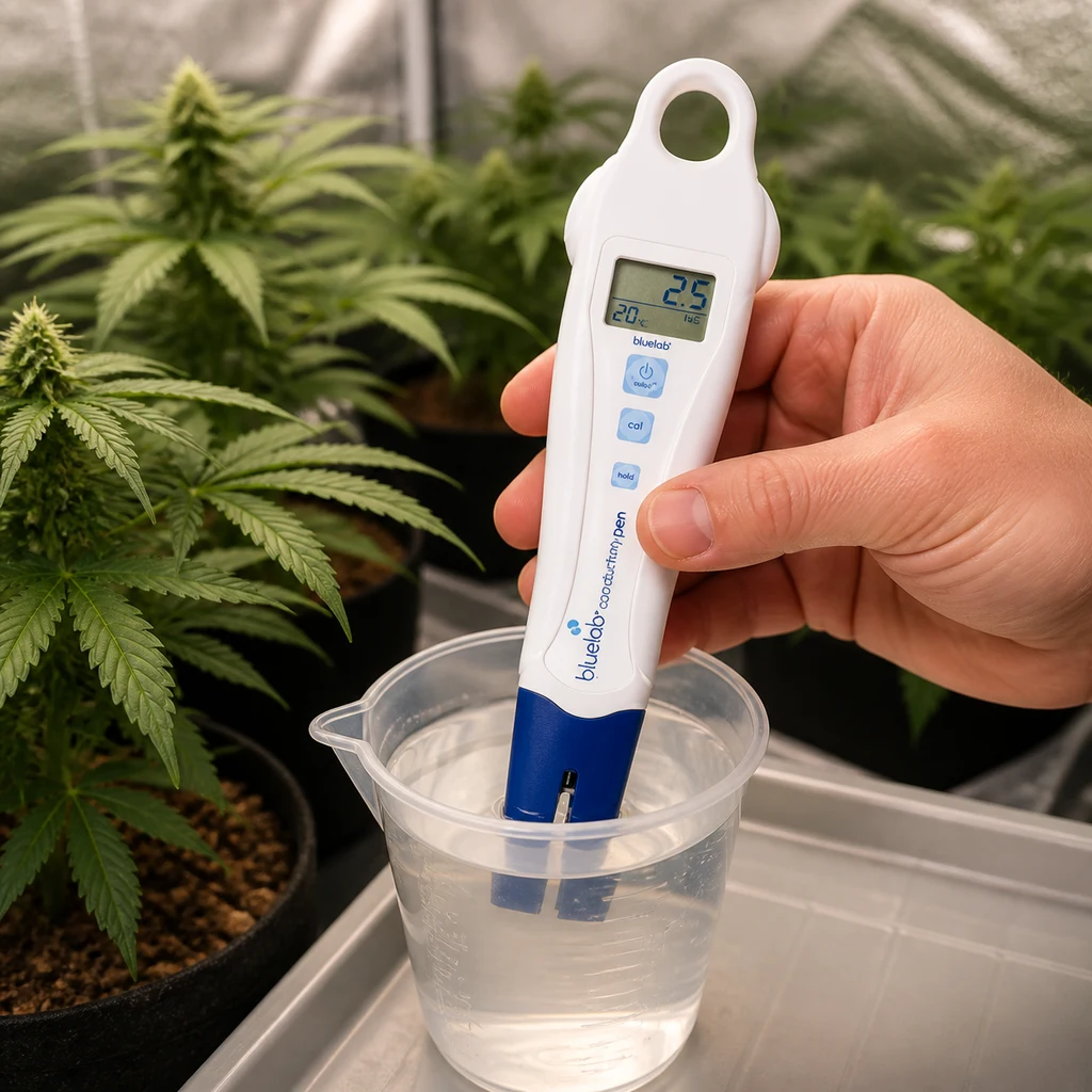 Una mano sostiene un Bluelab EC Pen con la sonda sumergida en un vaso de líquido transparente, junto a plantas de cannabis.