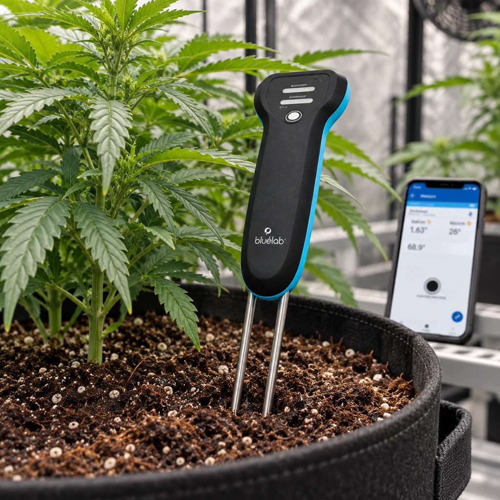 Escena generada del Bluelab Pulse Meter negro y azul insertado en el sustrato de una maceta con una planta y un móvil al fondo.