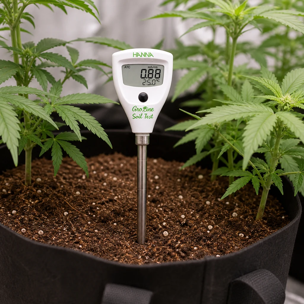 Medidor Hanna con sonda insertada en el sustrato de una maceta entre plantas de cannabis; la pantalla muestra 0,88 mS/cm y 25,0 °C.
