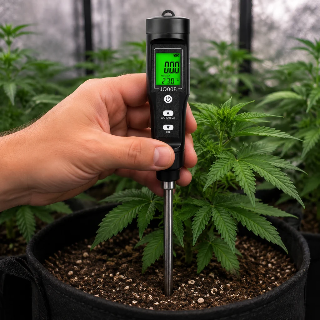 Una mano sostiene un medidor digital de CE y temperatura con pantalla verde y sonda introducida en el sustrato de una maceta con cannabis. Una mano sostiene un medidor digital de CE y temperatura con pantalla verde y sonda introducida en el sustrato de una maceta con cannabis.