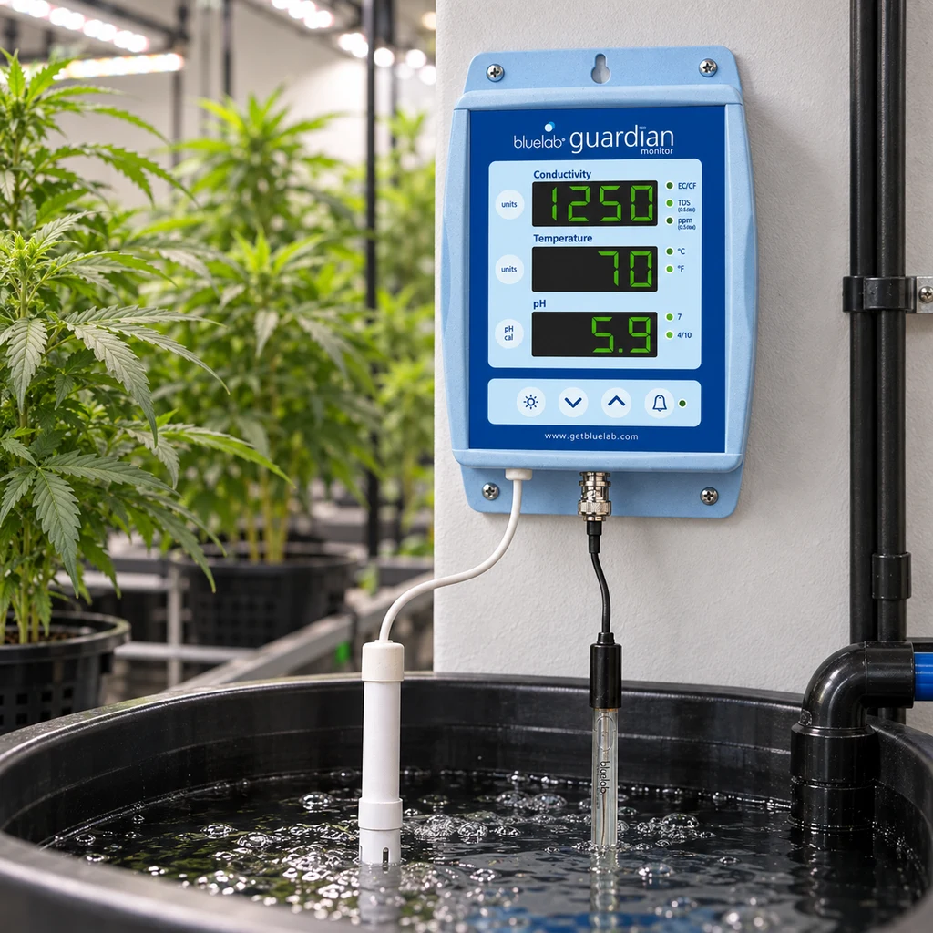 Monitor Bluelab Guardian azul fijado a una pared, con lecturas digitales de conductividad, temperatura y pH y sondas en un depósito junto a plantas.