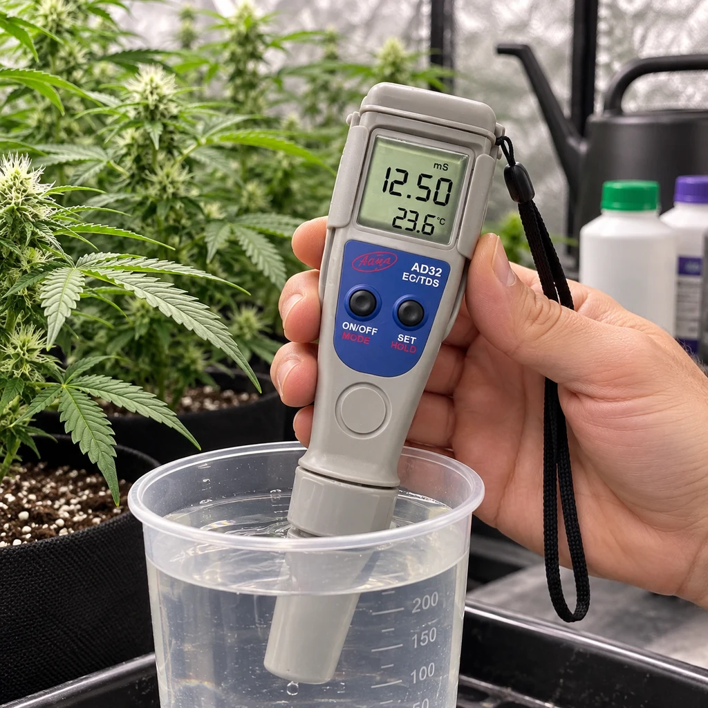 Una mano sostiene el medidor Adwa AD32 sumergido en un vaso, con pantalla de 12.50 mS y 23.6 °C y plantas al fondo. Una mano sostiene el medidor Adwa AD32 sumergido en un vaso, con pantalla de 12.50 mS y 23.6 °C y plantas al fondo.