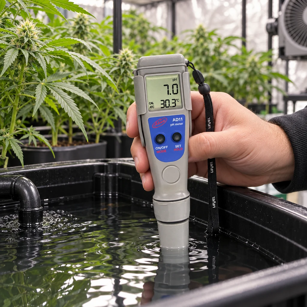 Una mano sostiene el medidor Adwa AD11 con la sonda sumergida en un depósito; la pantalla indica pH 7.0 y 30.3 °C, con plantas al fondo. Una mano sostiene el medidor Adwa AD11 con la sonda sumergida en un depósito; la pantalla indica pH 7.0 y 30.3 °C, con plantas al fondo.