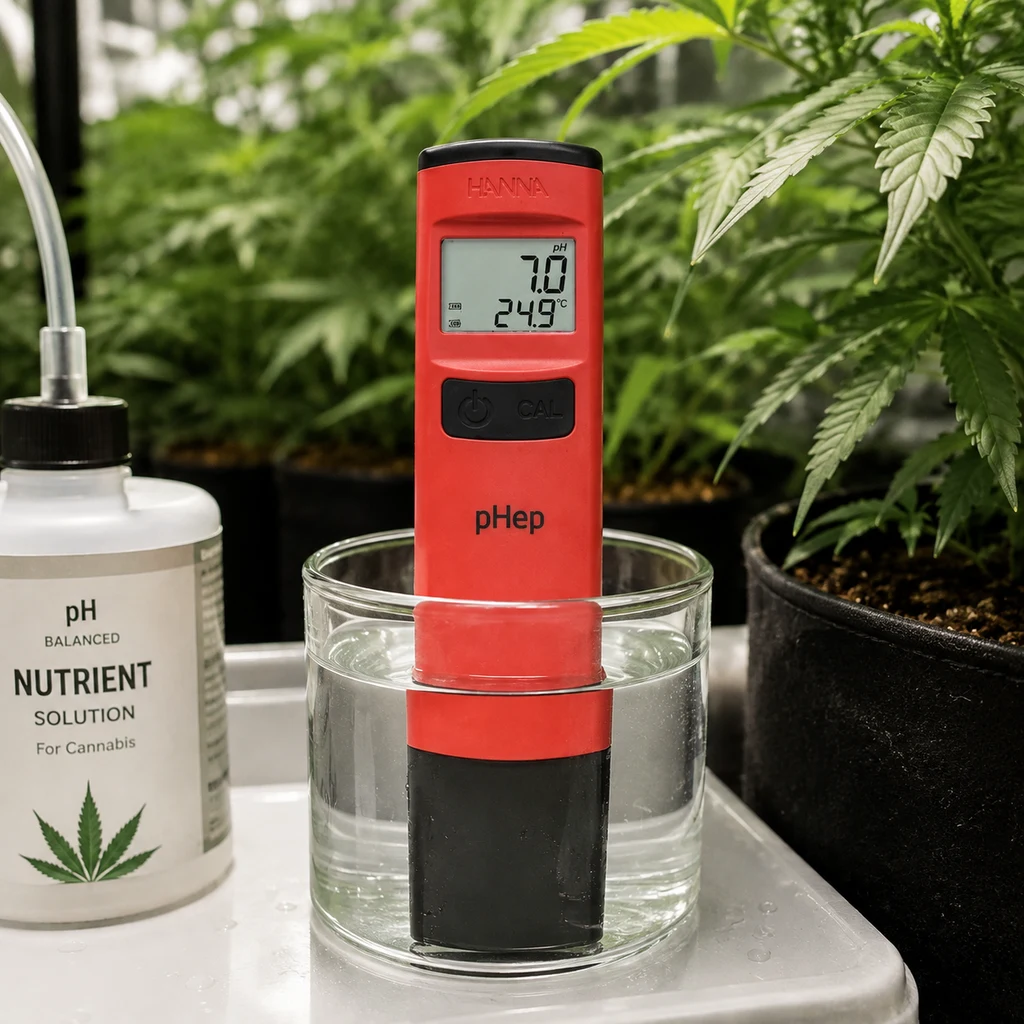 Medidor rojo Hanna pHep dentro de un vaso con líquido transparente; la pantalla marca pH 7.0 y 24.9 °C, junto a plantas.