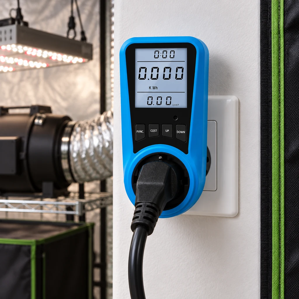 Medidor de consumo azul con pantalla digital y cable conectado, enchufado junto a un armario de cultivo con luz y conducto.