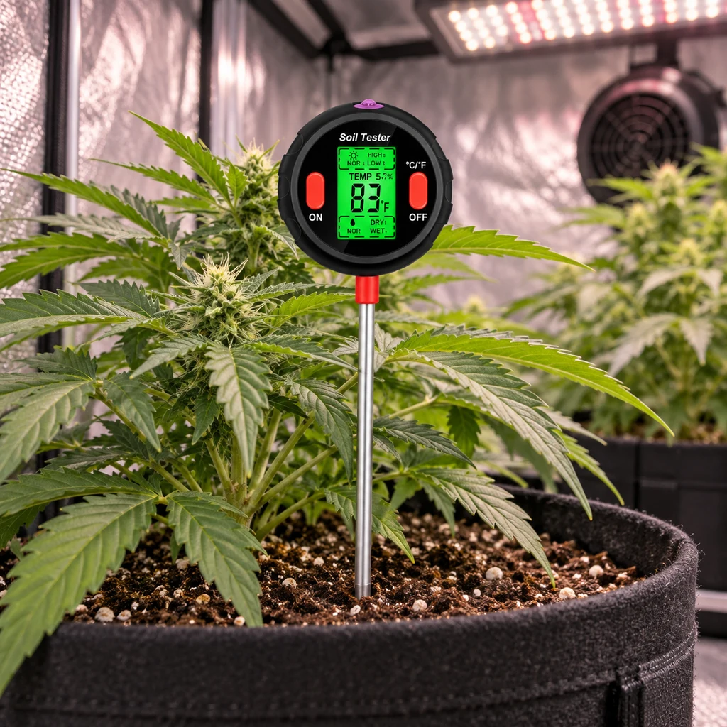 Escena generada de un medidor digital de suelo con pantalla verde que marca 83 °F, insertado en una maceta con una planta de cannabis bajo luces. Escena generada de un medidor digital de suelo con pantalla verde que marca 83 °F, insertado en una maceta con una planta de cannabis bajo luces.